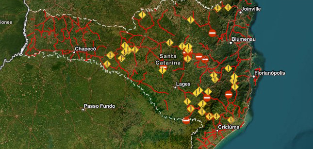 Mapa digital mostra a situação das rodovias estaduais de Santa Catarina em tempo real