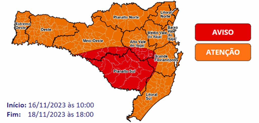 Defesa Civil de SC alerta para temporais com chuva intensa e volumosa entre a quinta (16) e o sábado (18)