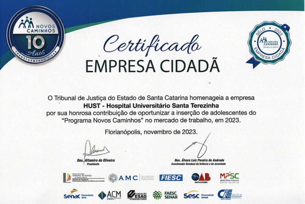 HUST é certificado como Empresa Cidadã pelo Tribunal de Justiça de Santa Catarina