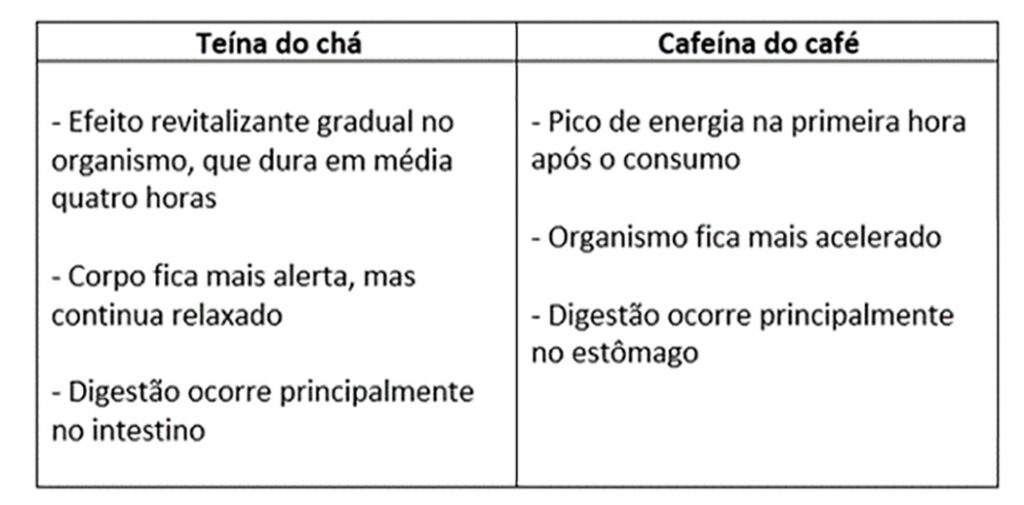 Confira na tabela a seguir as principais diferenças entre teína e cafeína.