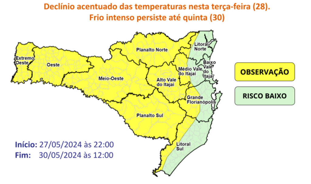 Terça-feira (28) deve ser um dos dias mais frios de 2024 em Santa Catarina