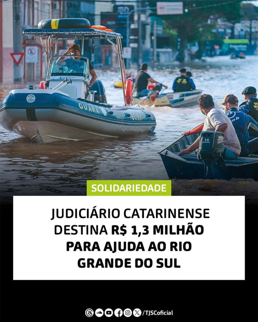 Poder Judiciário de SC destina R$ 1,3 milhão para ajuda ao Rio Grande do Sul