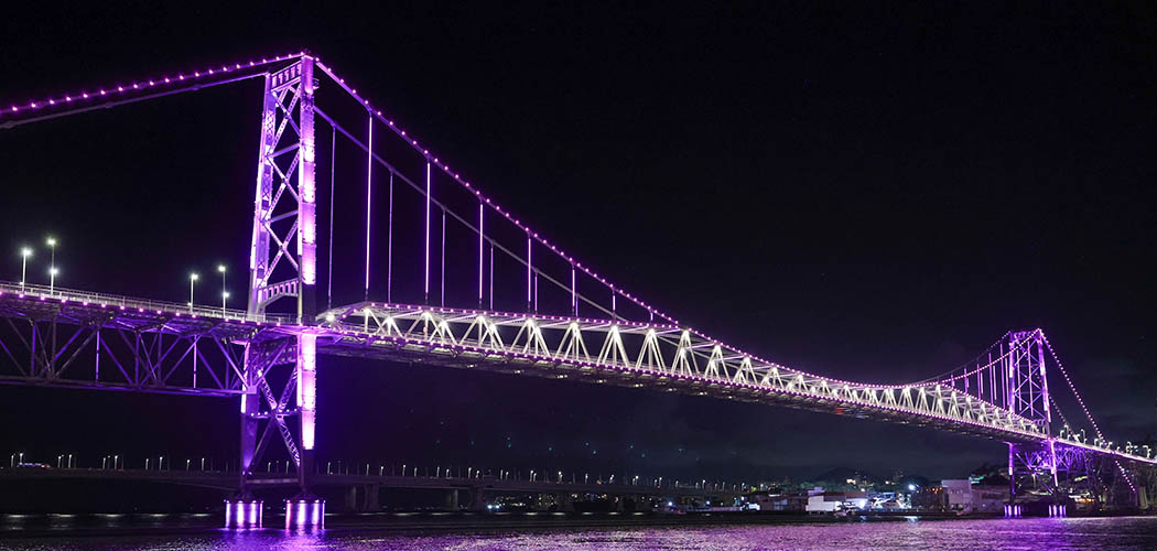 Ponte Hercílio Luz iluminada de rosa marca lançamento do mês da mulher em SC