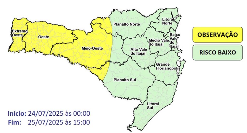 Proteção e Defesa Civil alerta para temporais isolados e chuva intensa entre quinta e sexta-feira