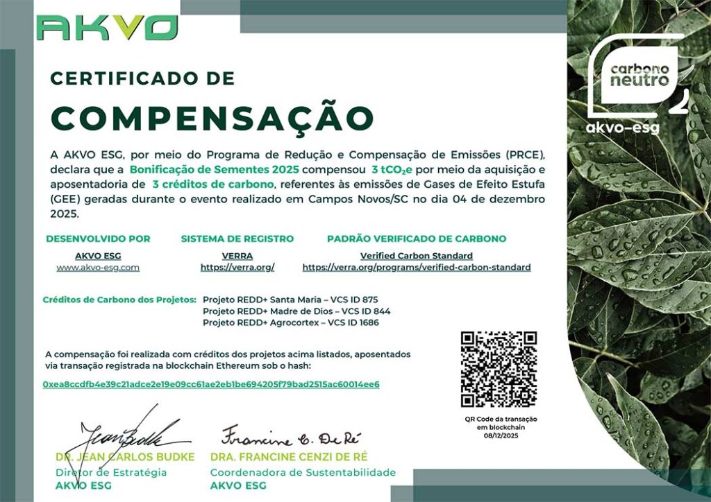 AKVO ESG concedeu à Copercampos o Selo Carbono Neutro, válido por um ano e atrelado ao compromisso contínuo de monitoramento, redução e mitigação de emissões