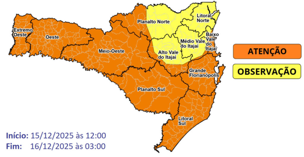 O risco é alto nas áreas em laranja e moderado nas áreas em amarelo, para ocorrências associadas a destelhamentos, quedas de galhos e árvores, danos na rede elétrica, alagamentos e enxurradas pontuais