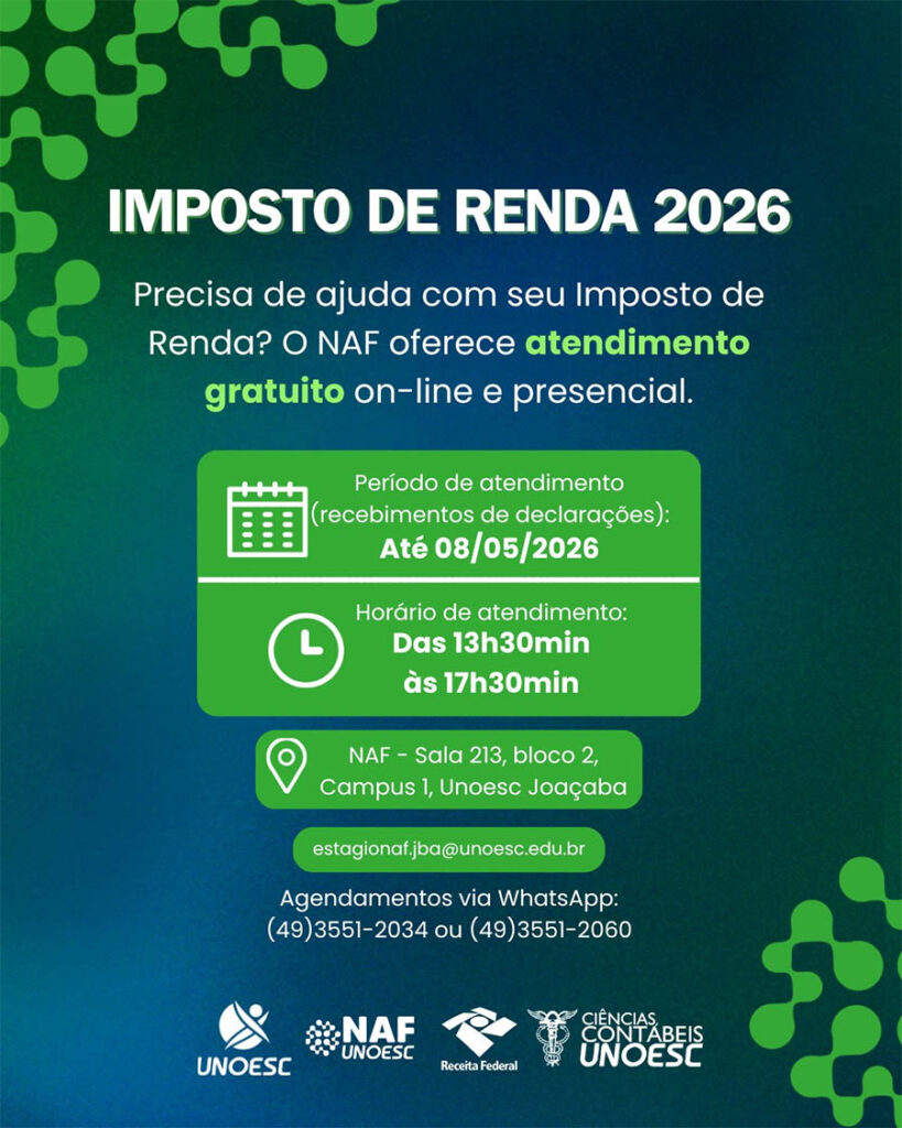 NAF Unoesc auxilia gratuitamente a comunidade na declaração do IRPF em Joaçaba
