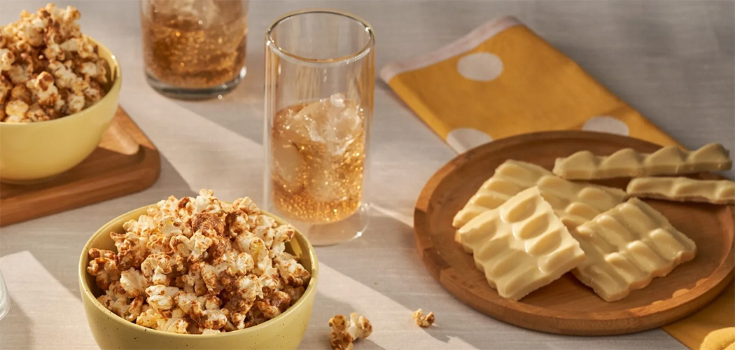 Pipoca gourmet de chocolate branco e especiarias