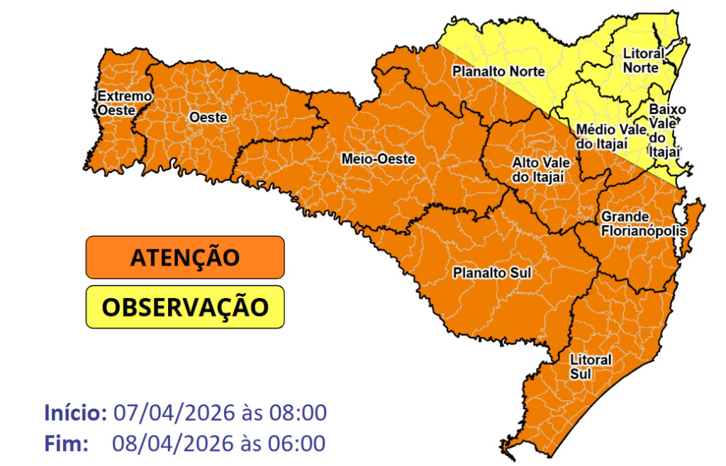 Temporais com fortes rajadas de vento entre a manhã de terça (07) e a madrugada de quarta-feira (08) – Fonte: SPDC/SC