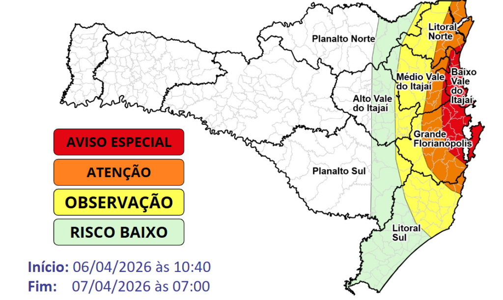 Chuva persistente e volumosa no Litoral e em parte do Vale do Itajaí ao longo da segunda-feira (06) e madrugada de terça-feira, 7