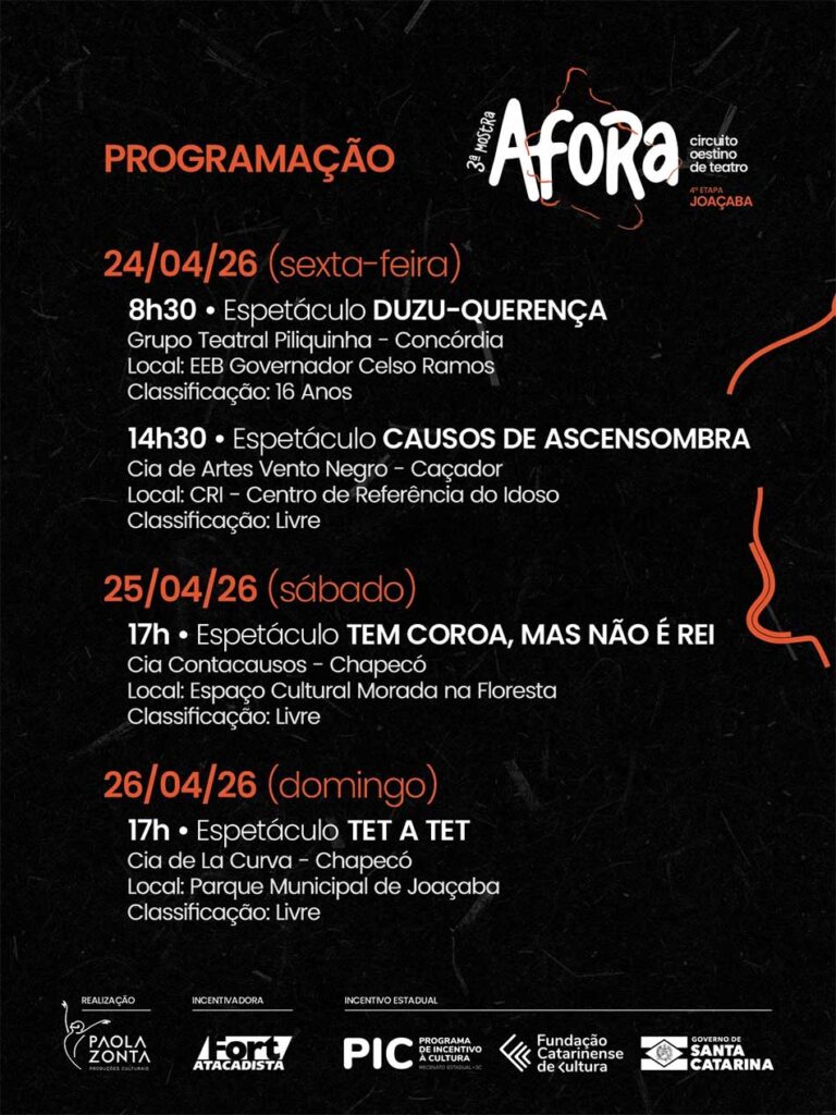 Mostra Afora promove teatro gratuito e amplia agenda cultural em Joaçaba