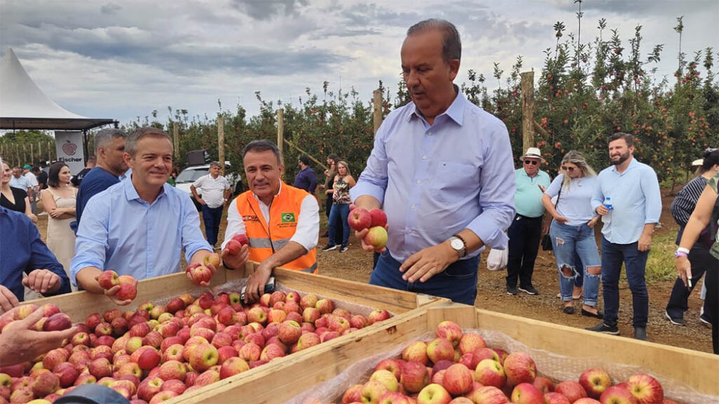 Governador Jorginho Mello participou em 2025 da Abertura Oficial da Colheita da Maçã em Fraiburgo e ouviu a reivindicação dos produtores de maçã para que se pudesse fazer a certificação diretamente do Estado