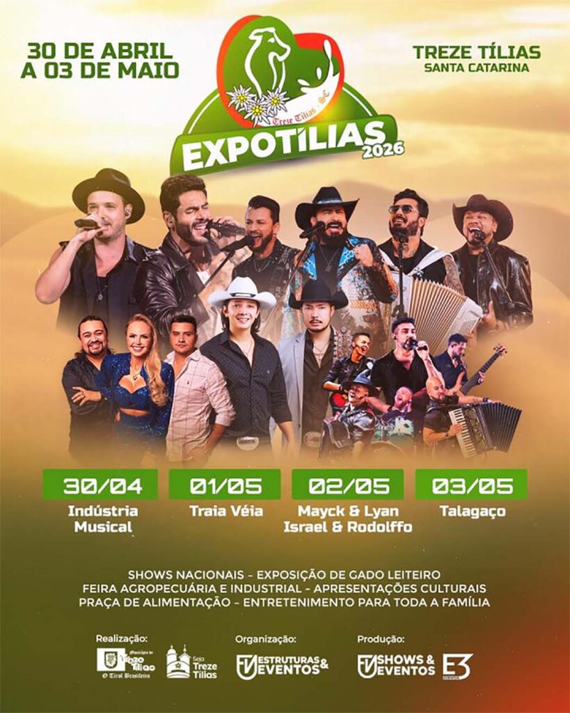 Expotílias 2026: programação completa tem shows nacionais e entrada gratuita em Treze Tílias