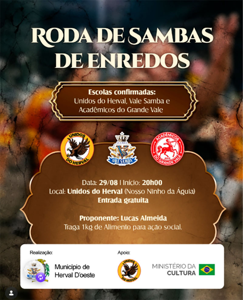 Unidos do Herval, Vale Samba e Acadêmicos do Grande Vale promovem Roda de Sambas-Enredo aberta à comunidade