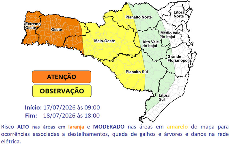 Previsão do tempo: ventos podem superar 80 km/h em algumas regiões de Santa Catarina