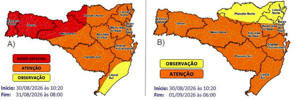 Previsão é de temporais com granizo, vendavais e chuva intensa e volumosa até a madrugada de terça (01) em SC
