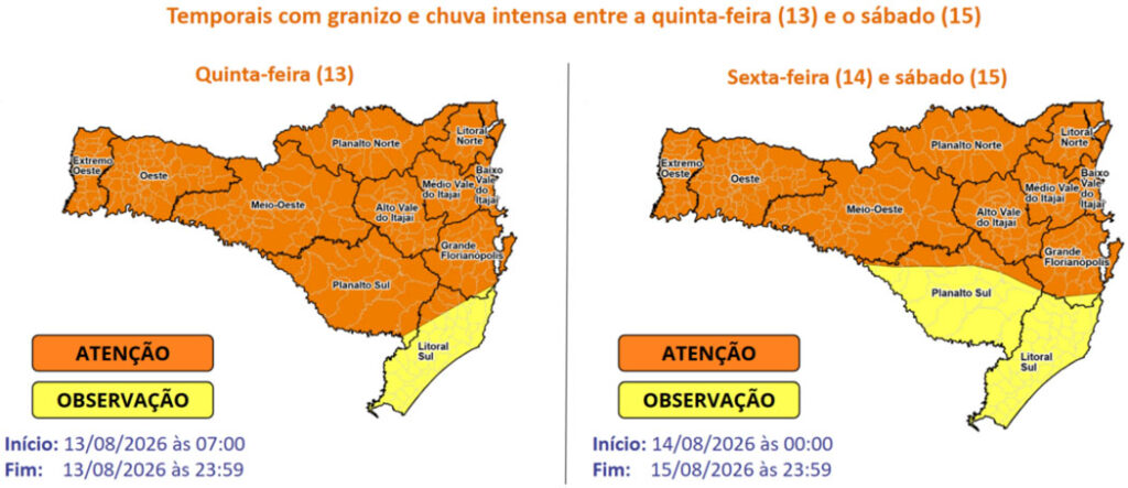 SC tem risco de temporais com granizo e chuva intensa nos próximos dias