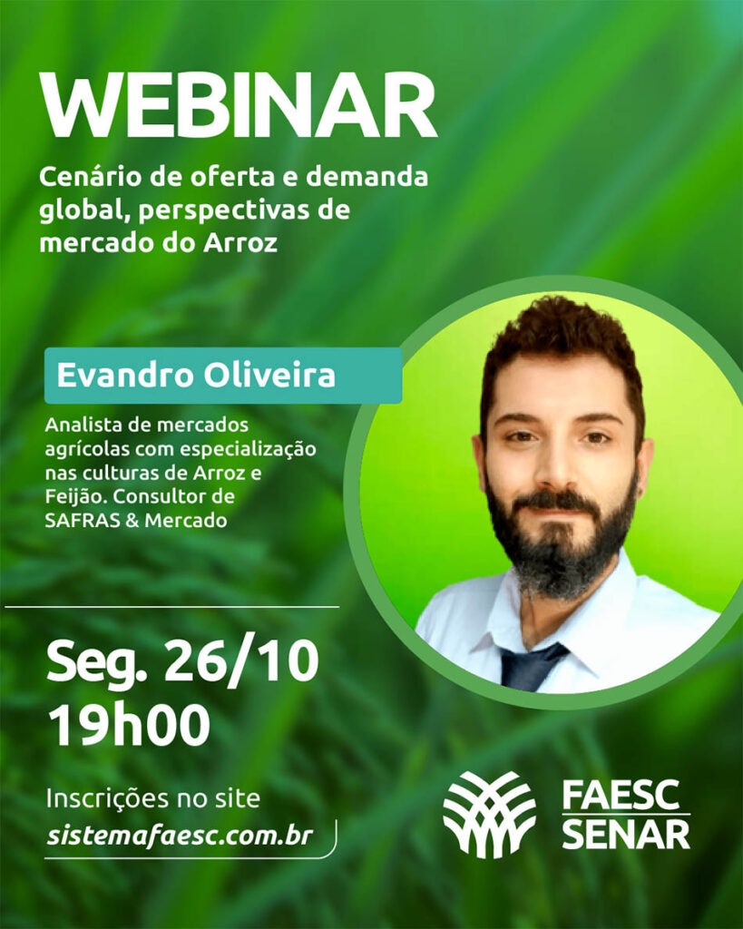 Sistema FAESC/SENAR e Safras & Mercado promovem webinar sobre o mercado do arroz dia 26