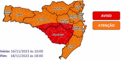 Defesa Civil de SC alerta para temporais com chuva intensa e volumosa entre a quinta (16) e o sábado (18)