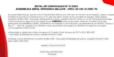 EDITAL DE CONVOCAÇÃO Nº 01/2023 ASSEMBLEIA GERAL ORDINÁRIA ABLUJHE - CNPJ: 03.133.141/0001-70