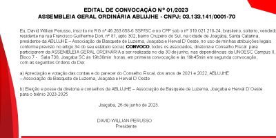 EDITAL DE CONVOCAÇÃO Nº 01/2023 ASSEMBLEIA GERAL ORDINÁRIA ABLUJHE – CNPJ: 03.133.141/0001-70